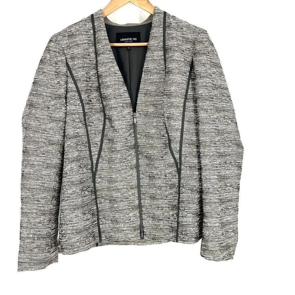 Lafayette 148 Blazer Size 14 Womens Gray White Boucle Tweed Academia Zip Jacket